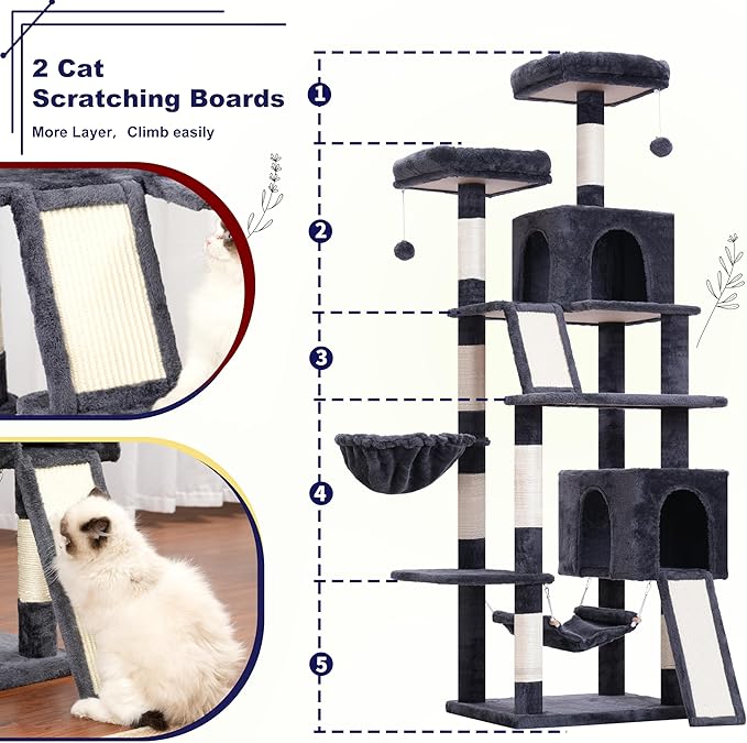 Cat Tree for Indoor Cats, 71'' (180cm) Multi-Level Cat Tower for Large Adult, Sturdy Cat Tree House with 2 Scratching Boards 7 Posts, 2 Plush Perches/Condos, Hammock, Smoky Gray GCT032G-Mewly Pet