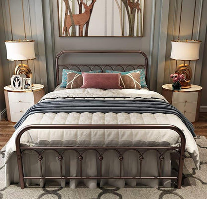 TUSEER Metal Bed Frame Full Size with Vintage Headboard and Footboard Platform Base Wrought Iron Double Bed Frame (Antique Brown,Full).