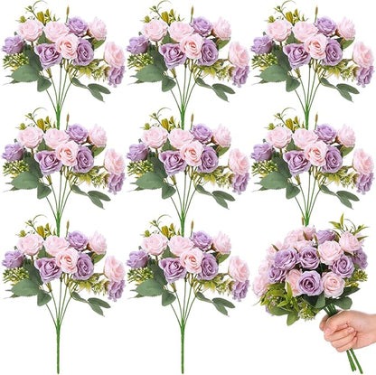 Zeyune 8 Pack 12 Inch Wedding Bouquets for Bride Bridesmaid Pink and Purple Artificial Rose Bouquet Fake Silk Roses Flowers Bunches Bulk for Home Office Garden Parties Decoration