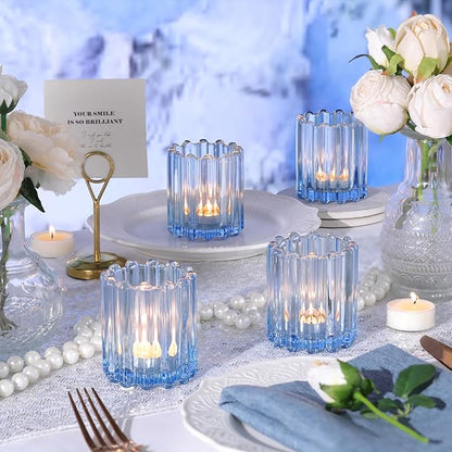 Glass Blue Votive Candle Holder, Ribbed Votive Candle Holders Set of 12, Tealight Candle Holder for Wedding Centerpieces Dinner Party Table Decor