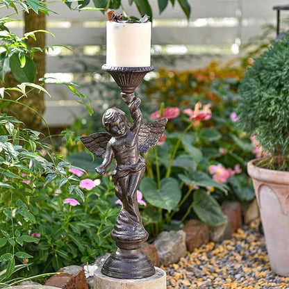 Sungmor Set of 2 Cast Iron Angel Candle Holders, 13.7" Tall Heavy-duty Solid Cherub Candlestick Holders, Vintage EU Style Statue Pillar Column Candle Stands for Wall Shelf Table Center Fireplace Decor