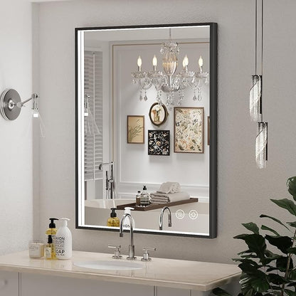 24X36 Inch LED Bathroom Mirror,Black Metal Framed Lighted Mirror,Wall Mouted LED Vanity Mirror with Lights, Stepless Dimmable, Anti-Fog, Memory(Horizontal/Vertical)