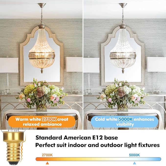 12-Pack Dimmable E12 LED Candelabra Bulbs 60 watt Equivalent, 5000K Daylight White Dimmable Chandelier Light Bulbs, 6W 630LM Vintage Flame Tip E12 LED Candle Bulb