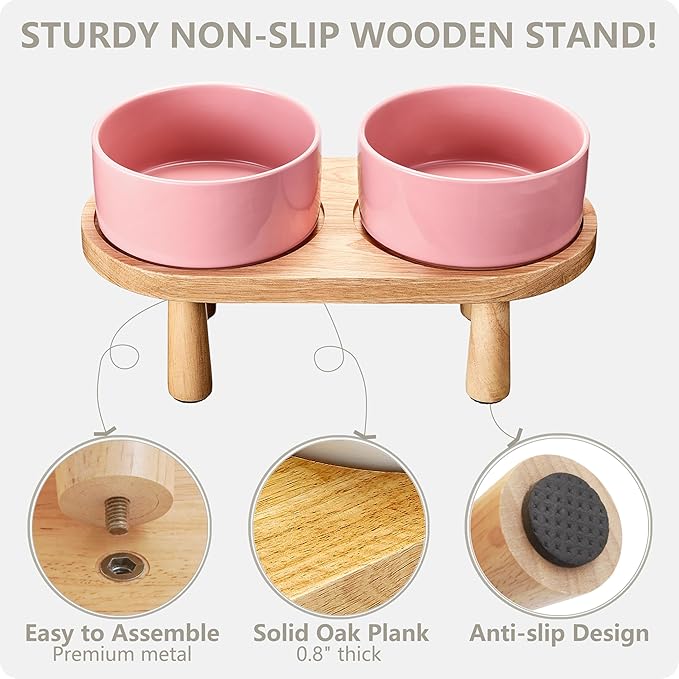 Ceramic Elevated Dog Bowls, Pet Food and Water Bowl Set for Large Dogs, 7.5 Cups Dog Bowls Raised with Wood Stand, 61OZ, Pink-Mewly Pet