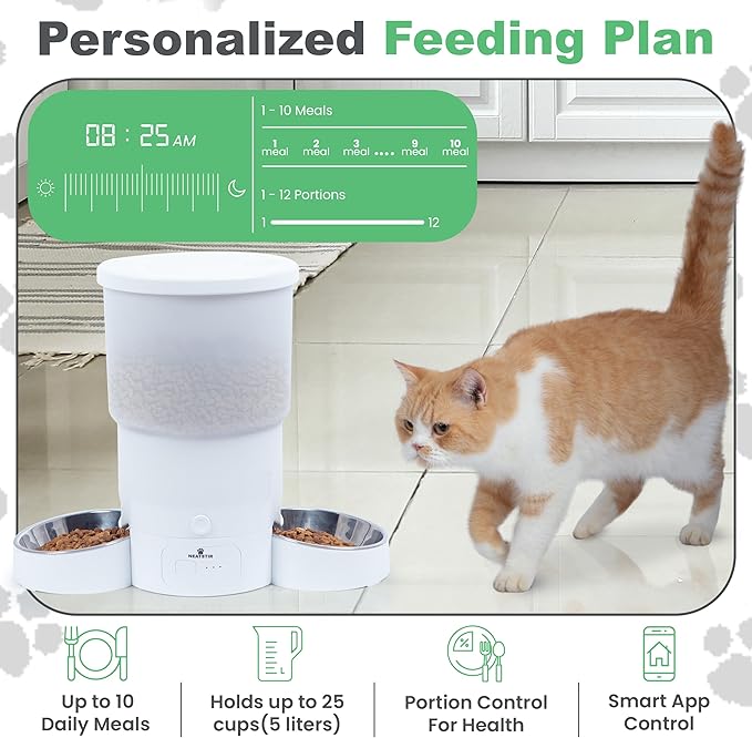 Automatic Cat Feeder for 2 Cats – Dual Food Dispenser with App Control, 5L Capacity (20 Cups), Smart Cat Food Dispenser for Multi Cats, Dual Pet Feeder with Stainless Steel Bowls and WiFi-Mewly Pet