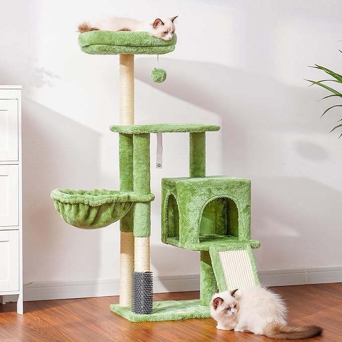 Heybly Cat Tree with Cat Self Groomer Brush, Cat Tower Condo for Indoor Cats with Padded Plush Perch, Cat House with Basket Scratching Board Post, Green HCT005SGR-Mewly Pet