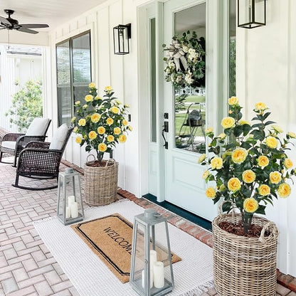 3.6FT Artificial Camellia Fake Tree, Artificial Plants & Flowers with 32 Yellow Flowers for Door Front Decoration Porch Patio Living Room Office Indoor Outdoor Decor (2PCS Contains Dried Moss)