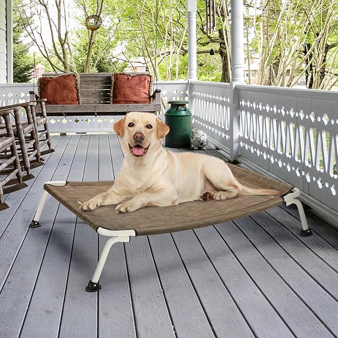 Veehoo Elevated Dog Bed for Outdoor, Cooling Waterproof Raised Dog Cots Beds for Large Dogs, Curved Off Ground Pet Hammock Cot Lifted for Outside, up to 85lbs, White Legs, Brown 42"-Mewly Pet