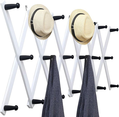 WEBI Accordion Wall Hanger,Expandable Wooden Coat Rack Wall Mounted,Accordion Hat Rack for Wall,Accordion Hook Rack for Hats,Caps,20 Pegs Hooks,Black on White