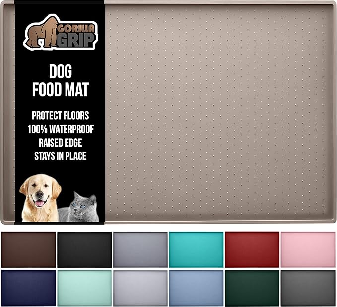 GORILLA GRIP 100% Waterproof Raised Edge BPA Free Silicone Pet Feeding Mat, Dog Cat Food Mats Contain Spills Protects Floors, Placemats for Cats and Dogs Water Bowl, Pets Accessories 28x18 Beige-Mewly Pet