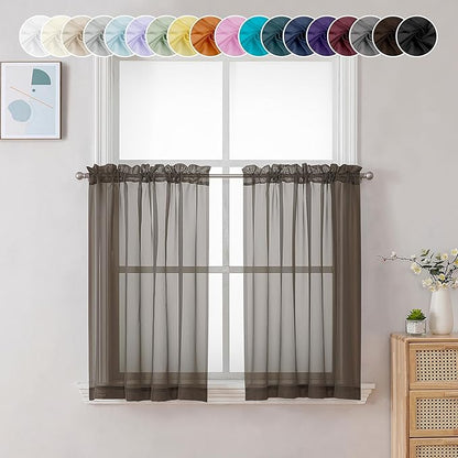 Chyhomenyc Sheer Chocolate Brown Tier Curtains 24 Inch Length, Small Window Curtains Treatment for Bathroom Living Room Basement, Short Rod Pocket Cafe Curtain, 42W x 24L Inches, 2 Panels