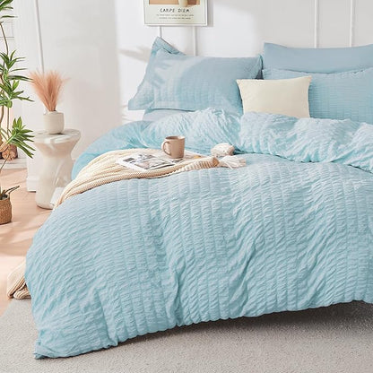 HYMOKEGE Lake Blue King Size Comforter Set Seersucker 7 Pieces, All Season Luxury Bed in a Bag for Bedroom, Bedding Set with Comforters, Sheets, Pillowcases & Shams