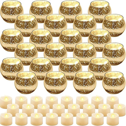 Rtteri 24 Set Votive Candle Holders Wedding Centerpiece Table Decorations Speckled Mercury Glass Votive Candle Holders with Tea Lights Birthday Party Decorations for Home (Gold)