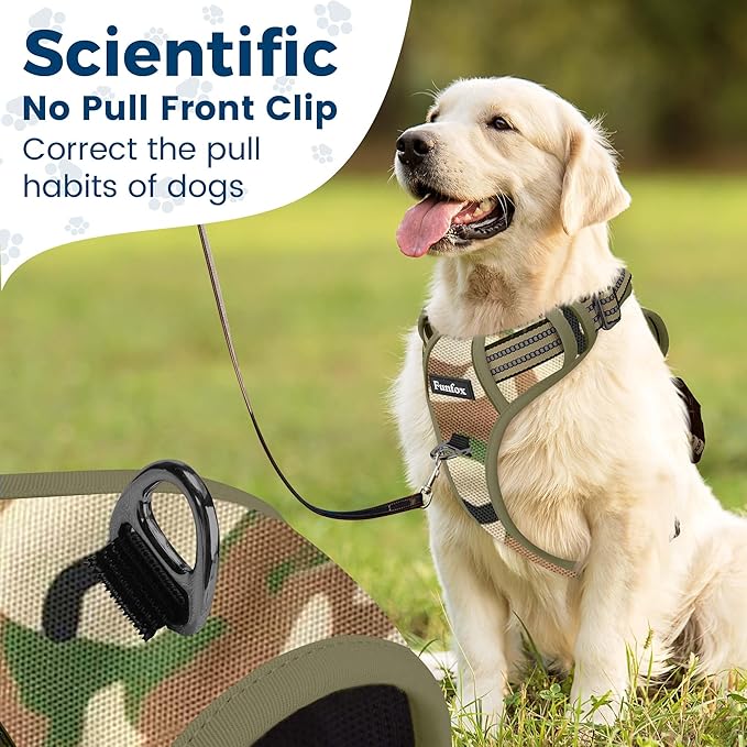 Funfox Dog Harness No Pull, Adjustable Pet Vest Harness, Super Soft Material with Vertical Handle Easy Control, Reflective Night Walking, 2 Leash Clips for XLarge Dogs, Camo Green, XL-Mewly Pet