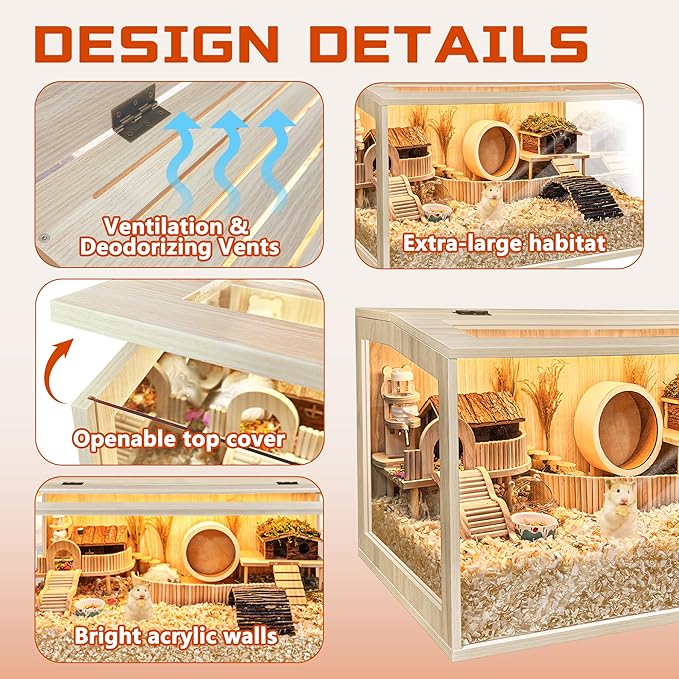 Prolee Hamster Cage Chewproof Wooden 24 Inch Guinea Pig Cages Mice and Rat Habitat Openable Top with Acrylic Sheets Solid Built-Mewly Pet