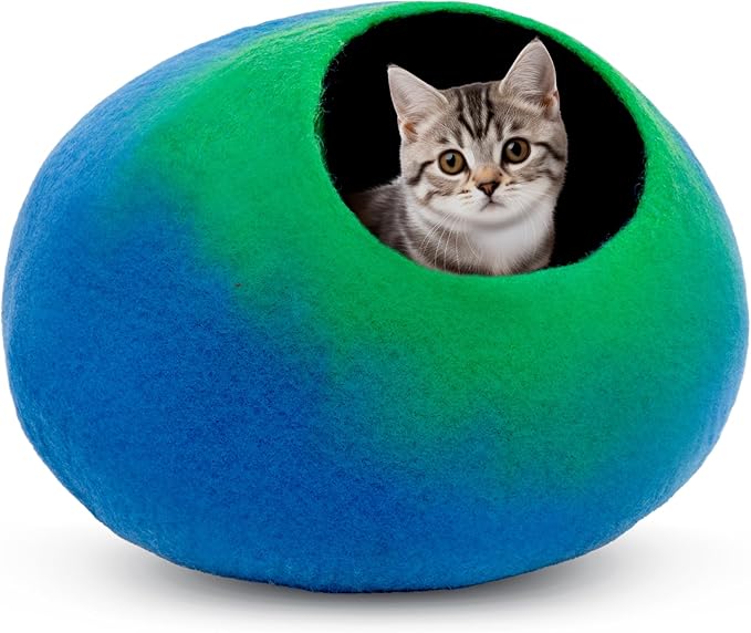Woolygon Premium Felt Cat Cave Bed – Wool Kitty Beds Handcrafted Kitten Caves Bed for Indoor Cats - Made from 100% Eco-Friendly Merino Wool, Foldable Cat Hidewawy Covered Cat Houses (Emerald Indigo)-Mewly Pet
