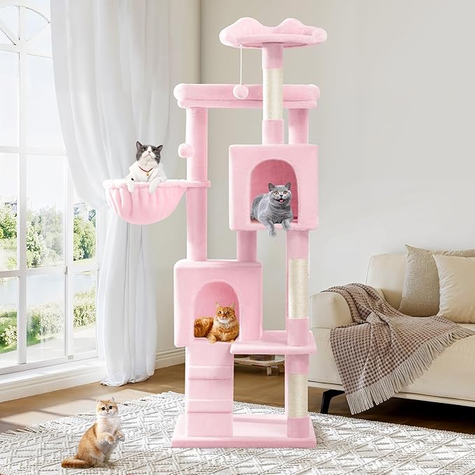 Allewie 64 Inches Cat Tree Tower/Multi-Level Activity Center for Indoor Big Felines/2 Plush Condos/2 Perchs/Basket/House/Sisal Scratching Posts/Hanging Cat Toys/Pink-Mewly Pet