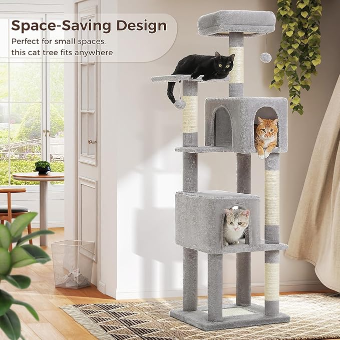 62-Inch Cat Tree for Indoor Cats, Large Cat Tower with Scratching Posts for Large Cats, 2 Bigger Plush Condos, Padded Platform, Soft Cat Bed and Scratching Pad, 2 Pompoms, Gray-Mewly Pet