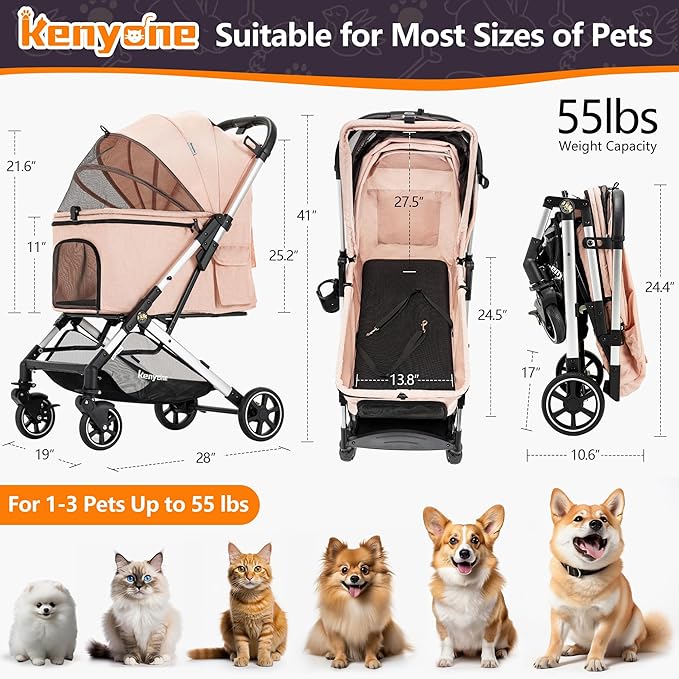Medium Dog Stroller, Kenyone Pet Stroller for Medium Dogs Up to 55lbs, Lightweight Aluminum Frame, One Click Folding, Large Cat Stroller with No Zip Entry, Detachable Mesh, Multiple Pockets-Mewly Pet
