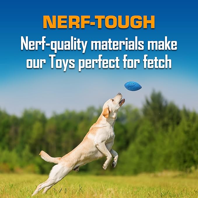 Nerf Dog Toy Gift Set, 3-Piece Set of Outdoor Dog Toys for Fetch, Includes Checker Crunch Ball, Spike LED Squeak Ball and Tire Squeak Football-Mewly Pet