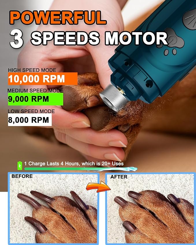 Dog Nail Trimmers and Dog Nail Clippers Kit, Whisper Quiet Electric Grinder with Light, for Small, Medium, Large Dogs, Cats Toenail Grooming, 3 Speeds-Mewly Pet