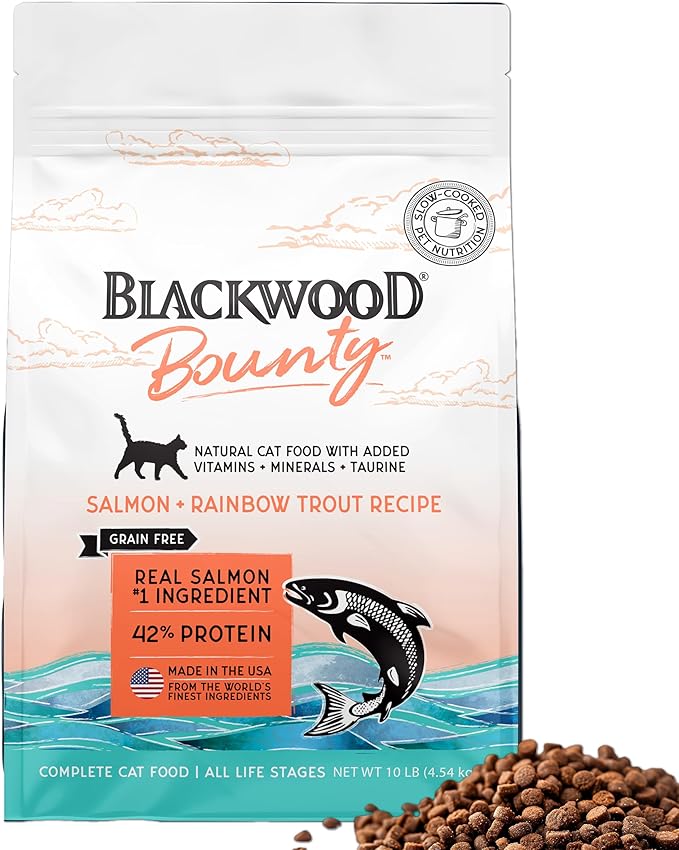 Blackwood Bounty Dry Cat Food, Salmon & Rainbow Trout Recipe for All Life Stages, 10 Pound Bag, High Protein, Grain Free-Mewly Pet