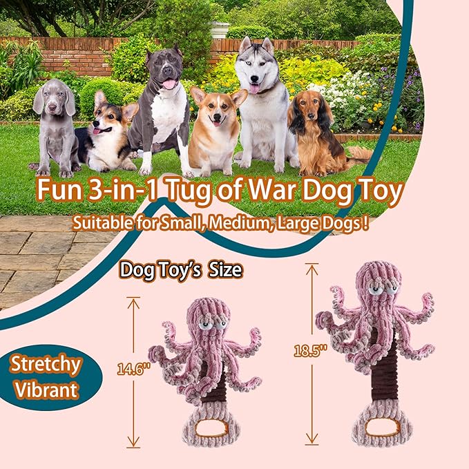 Squeaky Dog Toys, Octopus Dog Toy Interactive Tug of War Puppy Toy to Keep Them Busy(Purple)-Mewly Pet