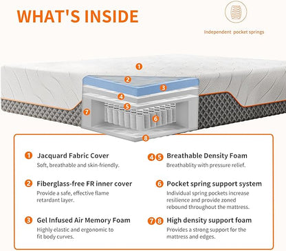ESHINE 12" Hybrid Mattress King(Medium) + Adjustable Bed Frame - Luxury Gel Memory Foam, Upholstered Bed Base with Massage, Wireless Remote, USB, Under Bed Night Light, Head and Foot Incline