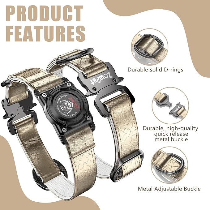 Airtag Dog Collar - Leather Dog Collar with Airtag Holder| IP68 Waterproof AirTag Holder with Metal Buckle, Comfortable GPS Dog Collars Tracker for Medium Large Dogs (Champagne Gold, M)-Mewly Pet