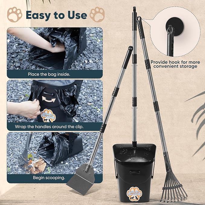 Stainless Steel Dog Pooper Scooper,40" Long Handle Swivel Bin, Rake and Spade,20 Waste Bags & Hook - Heavy Duty Portable Metal Poop Scooper for Large,Medium and Small Dogs-Mewly Pet