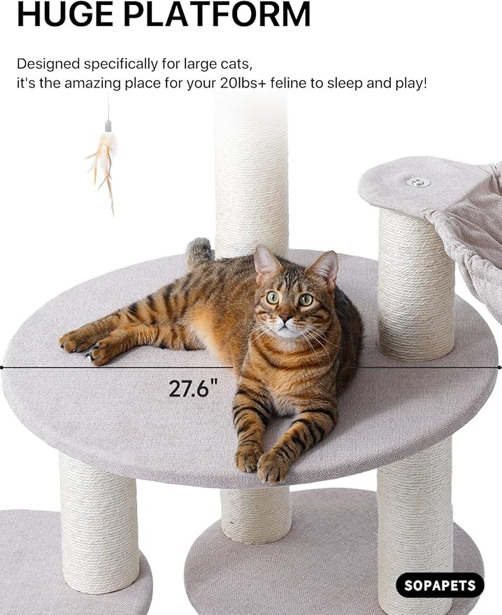 Extra Large Cat Tree for Maine Coon,65 Inches Tall Cat Tree Tower for Indoor Cats Large Adult 20 lbs,XXL Heavy Duty Luxury Sturdy Cat House with Big Hammock,Sisal Scratching Post,Condo-Mewly Pet
