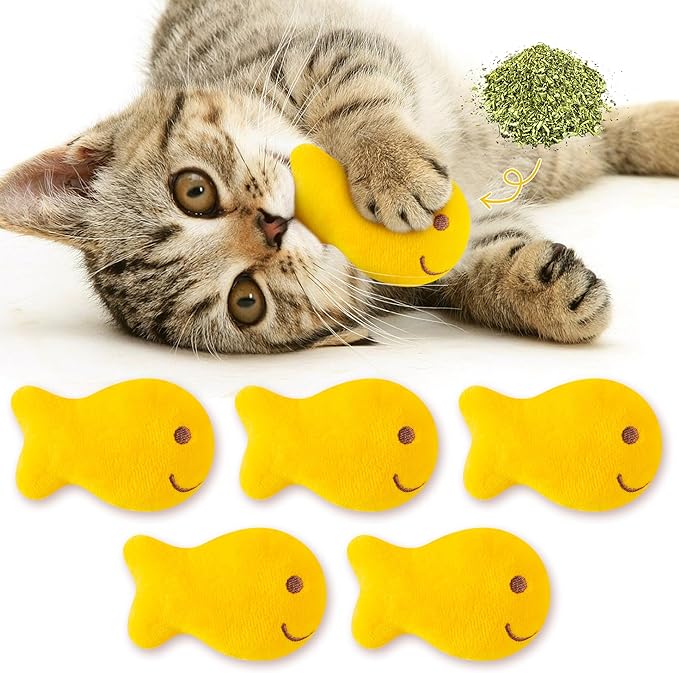 L1rabe Goldfish Cracker Catnip Stuffed Toys - Summer Black Cat Appreciation Day 5P Goldfish Cat Toys Funny Yellow Indoor Cats Chew Bite Teething Tools Kittens Birthday Gifts Interactive Pet Supplies-Mewly Pet