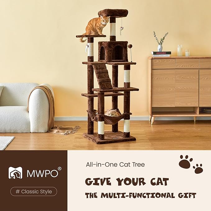 MWPO 63.8 inches Multi-Level Cat Tree for Large Cats with Sisal-Covered Scratching Posts, Padded Platform, Hammock and Condo,Stable Cat Tower Cat Condo Pet Play House (Brown)-Mewly Pet