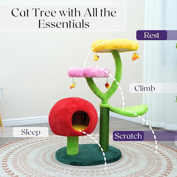 Catry 5-Level 40" Colorful Garden Style Cat Tree with Flower Perches, Leaf Hammock, Fruit Condo, Natural Sisal Scratching Post, Bee Toys, Parts Replaceable-Mewly Pet