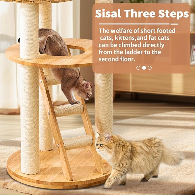 Big Modern Design Cat Tree Tower, Cat Tower Sisal-Covered Scratching Posts for Indoor Cats, Natural Oak Wood Cat Tree for Large Cats, Multi-Level Cat Condo with Sisal Staircase-Mewly Pet