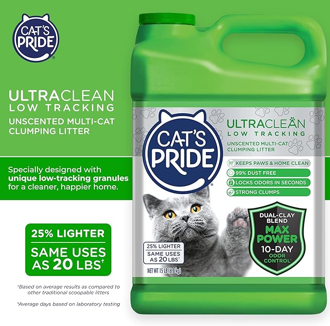 Cat's Pride Max Power: UltraClean Low Tracking Multi-Cat Clumping Litter - Keeps Paws & Home Clean - Up to 10 Days of Powerful Odor Control - 99% Dust Free - Unscented, 15 Pounds-Mewly Pet