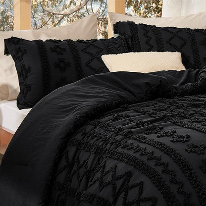 Bedsure Tufted Boho Comforter Set Oversized King - Black Boho Bed Set, GentleSoft™ 3 Pieces Farmhouse Shabby Chic Embroidery Bedding, Gifts for Woman, Soft Jacquard Comforter for All Seasons