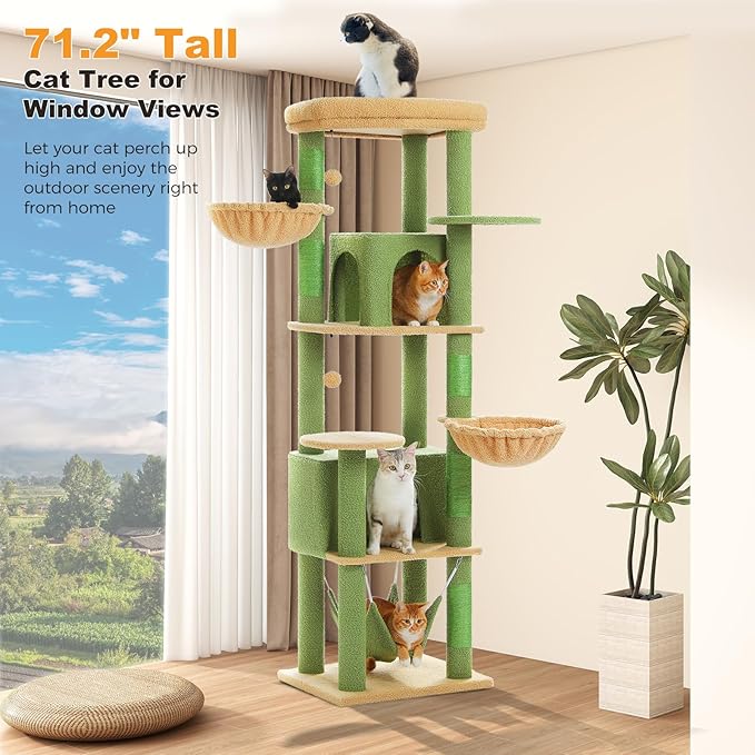 71.2" Large Cat Tree for Multi-Cat Households - 9-Level Cat Tower w/5 Sisal Scratching Posts, 2 Condos, Soft Hammock, Top Perch & Pom Poms - Heavy-Duty Space-Saving Design, Cactus Green-Mewly Pet