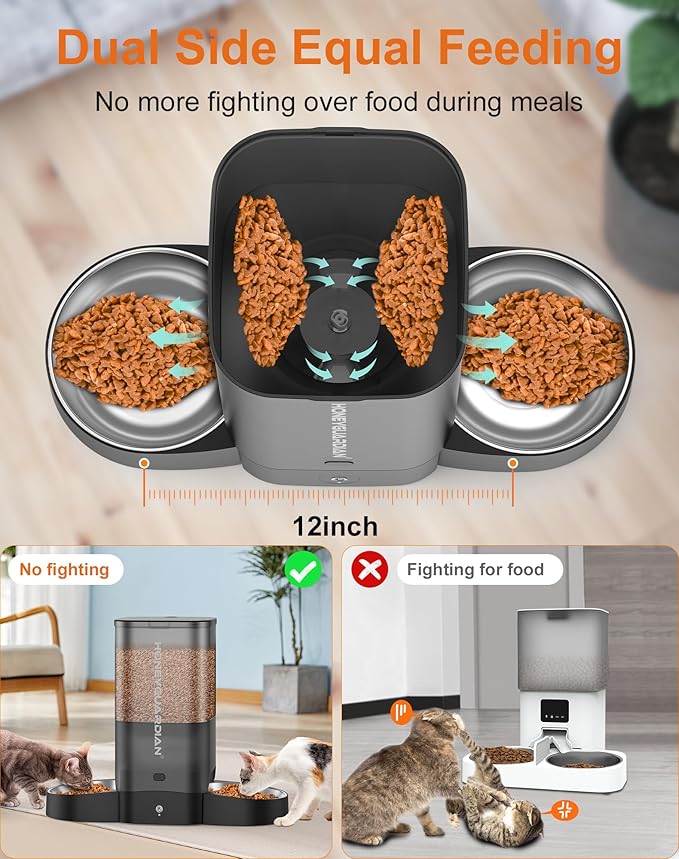 HoneyGuaridan 5L Automatic Cat Feeder for Two Cats, 5G WiFi Smart Feed Pet Feeder with Stainless Steel Bowl,APP Control Dispenser, Dual Power Supply,Desiccant Bag,10s Meal Call Black-Mewly Pet