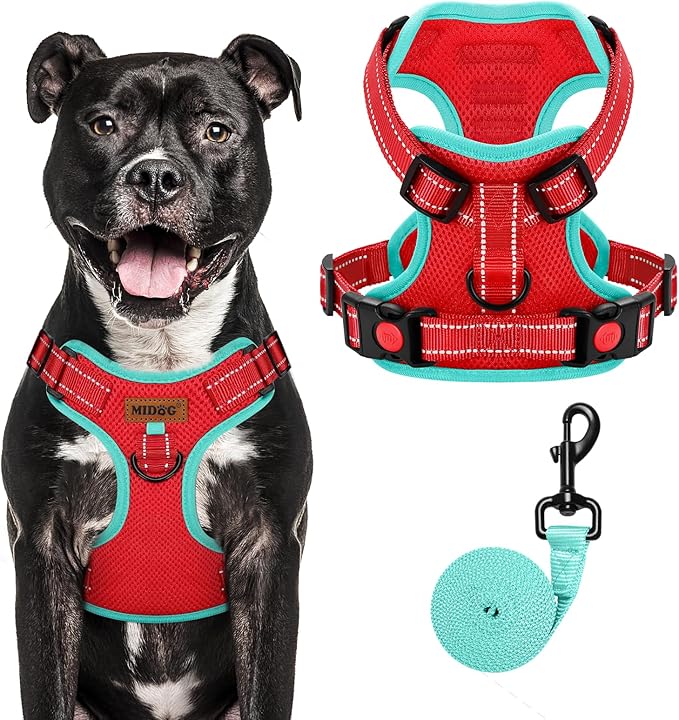 MIDOG No-Pull Dog Harness | Adjustable & Reflective Pet Harness Leash Set for Small Medium Large Dogs Walking, Training| No Choke, Front Clip, Soft Padded Vest with Easy Control Handle - Red, L-Mewly Pet