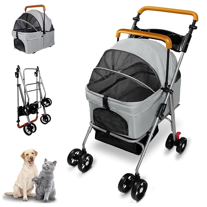 Pet Stroller with Storage Basket and Cup Holder, Folding Dog Jogger, Foldable Cat Stroller, 3 in 1 Puppy Kitten Cart, Pet Jogger for Medium Dog Cat (Gray)-Mewly Pet