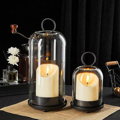 5"&4" Metal Candle Holder with Handmade Glass Dome in Brass & 2 Timer Candles, Set of 2 Versatile Hurricane Glass Candle Holders for Pillar Candles & Plants