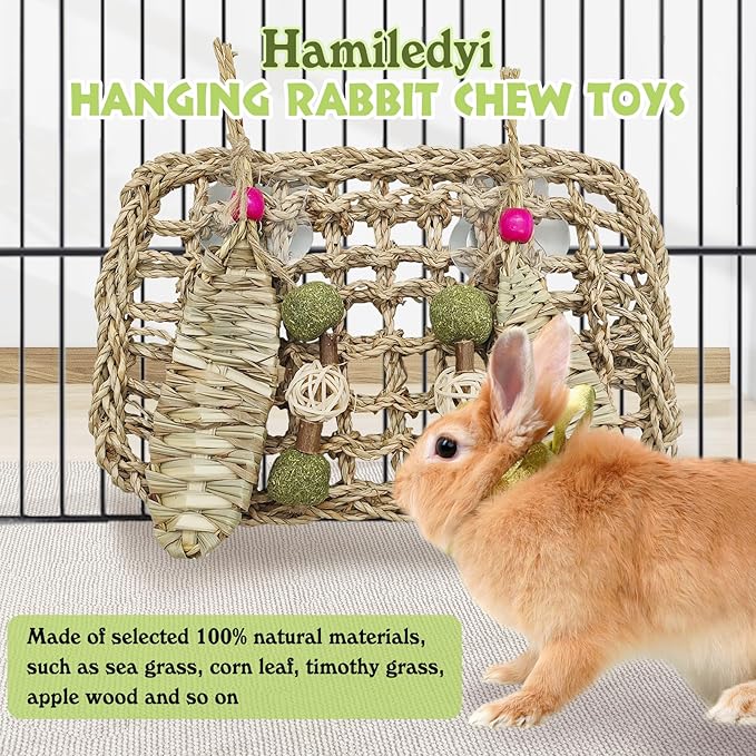 Hamiledyi Rabbit Seagrass Mat Hanging Bunny Chew Toys for Teeth Rabbit Enrichment Activity Mat Small Animal Toys for Guinea Pigs Chinchillas Gerbils Birds-Mewly Pet
