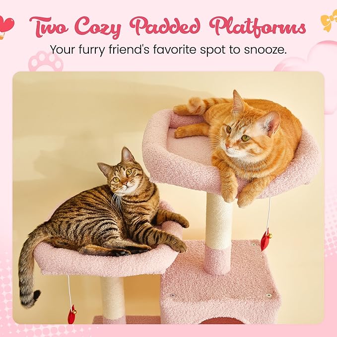 MWPO Cute Cat Tree, 70.1-Inch Tall Pink Cat Tower for Indoor Cats Large Adult, Multi-Level Cat Condo with 5 Scratching Posts, 2 Padded Perches, Hammock, Dangling Toys-Mewly Pet