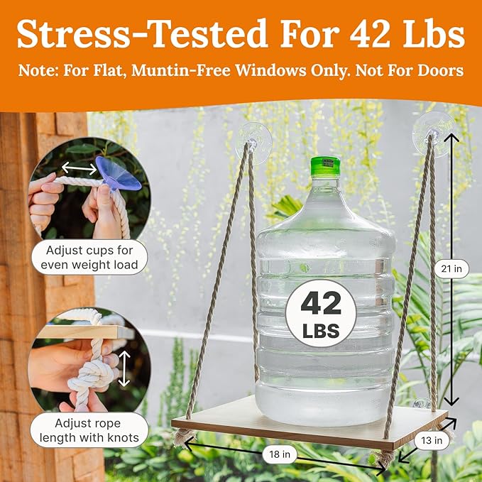 Cat Window Perch - Hammock Bed for Cats Inside - Solid Wood Seat, 4 Strong Suction Cups, Soft Cushion - Rustic Indoor Pet Shelf-Mewly Pet