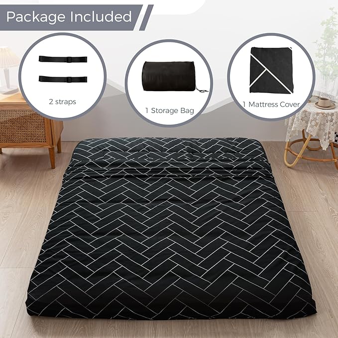 MAXYOYO Black Geometric Pattern Futon Mattress, Japanese Floor Mattress Quilted Bed Mattress Topper, Extra Thick Folding Sleeping Pad Breathable Floor Lounger Guest Bed for Camping Couch, Twin