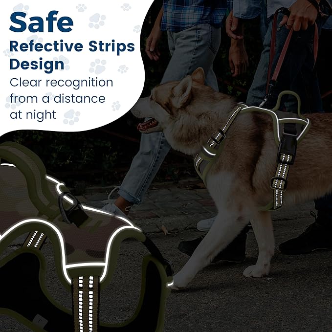 Funfox Dog Harness No Pull, Adjustable Pet Vest Harness, Super Soft Material with Vertical Handle Easy Control, Reflective Night Walking, 2 Leash Clips for XLarge Dogs, Camo Green, XL-Mewly Pet