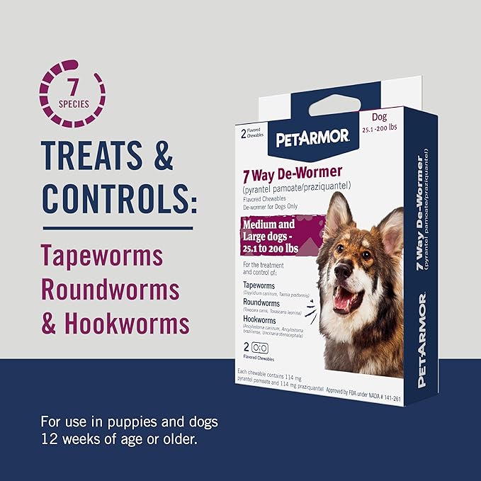 PetArmor 7 Way De-Wormer for Dogs, Oral Treatment for Tapeworm, Roundworm & Hookworm in Large Dogs & Puppies (Over 25 lbs), Worm Remover (Praziquantel & Pyrantel Pamoate), 2 Flavored Chewables-Mewly Pet