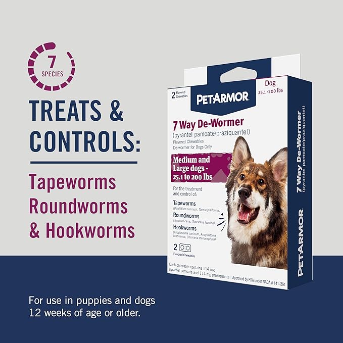 PetArmor 7 Way De-Wormer for Dogs, Oral Treatment for Tapeworm, Roundworm & Hookworm in Large Dogs & Puppies (Over 25 lbs), Worm Remover (Praziquantel & Pyrantel Pamoate), 6 Flavored Chewables-Mewly Pet