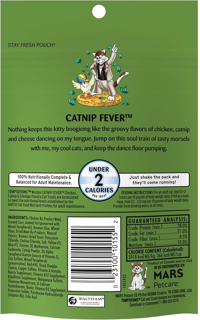 Temptations MixUps Catnip Fever Flavor Crunchy and Soft Cat Treats, 3 oz. Pouch (Pack of 12)-Mewly Pet
